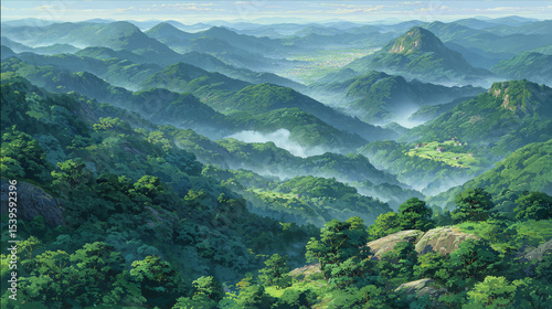 Aerial view of green mountain in Japanese anime style