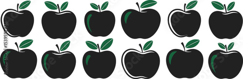 Set of Black Apple Silhouettes with Green Leaves, Graphic Design Elements for Healthy Food and Natural Product Branding, Vector Illustration.