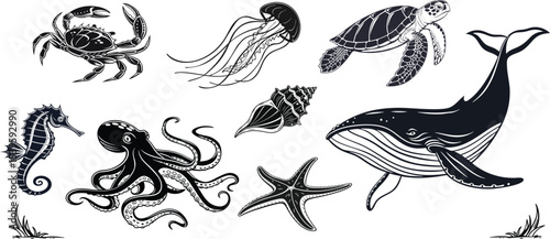 Stunning Ocean Life Illustrations Sea Creatures Whale Octopus Seahorse Crab Turtle Jellyfish Starfish Shell Design