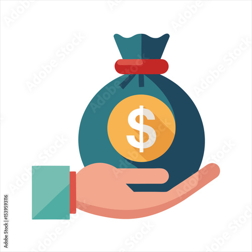 Hand Holding Money Bag Flat Icon with Dollar Sign for Funding and Finance