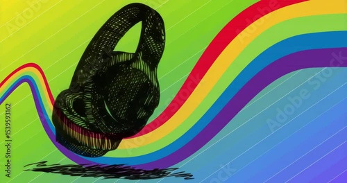 Sketched headphones emerging in gradient, oscillating while ribbon undulating and gradient cycling