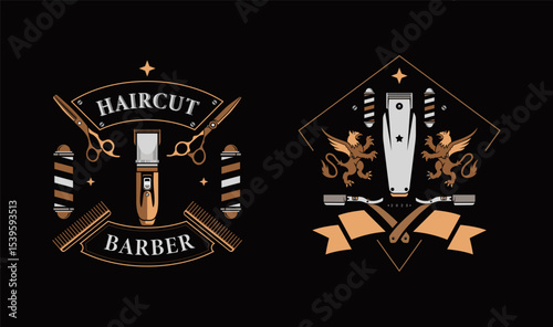 A collection of luxury barber shop vector logos featuring classic grooming tools like hair clippers, scissors, barber poles, and golden heraldic lions, perfect for upscale hair salon branding