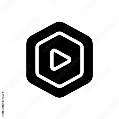 Hexagon-shaped play button icon for media or video interface in solid black vector style
