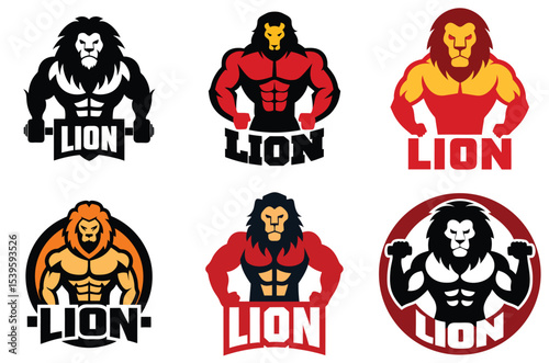 Six muscular lion fitness logos designs