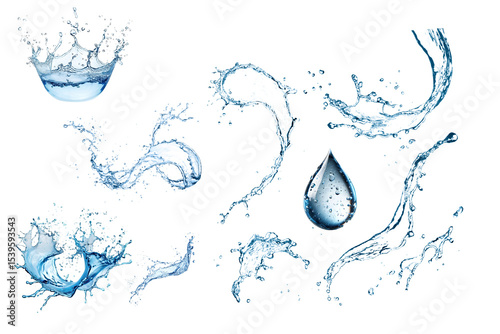 water splash isolated on white background,Water splashes and drops isolated on transparent background. Abstract background with blue water wave,png