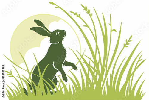 Easter Bunny Silhouette on Sunlit Grass Background