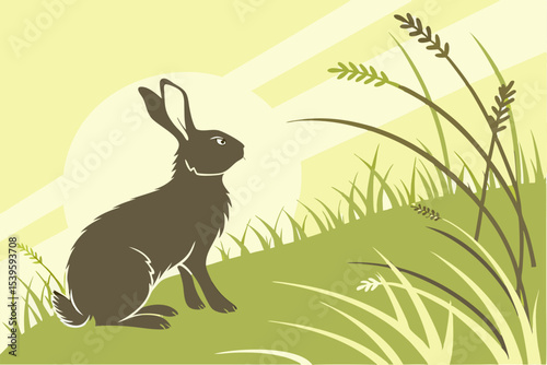 Easter Bunny Silhouette on Sunlit Grass Background
