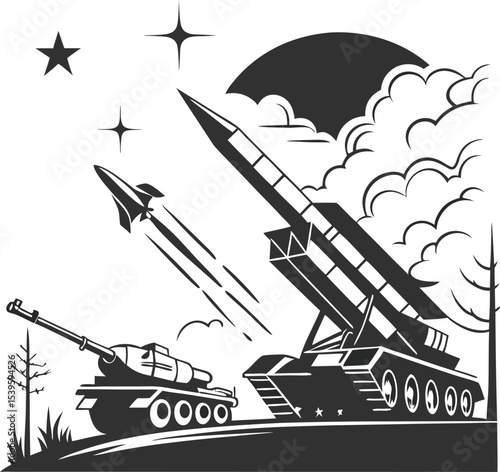 Military Might Monochrome Illustration Featuring Tanks, Missiles, Jet, Stars and Dramatic Clouds in a Dynamic Composition Showing Strength