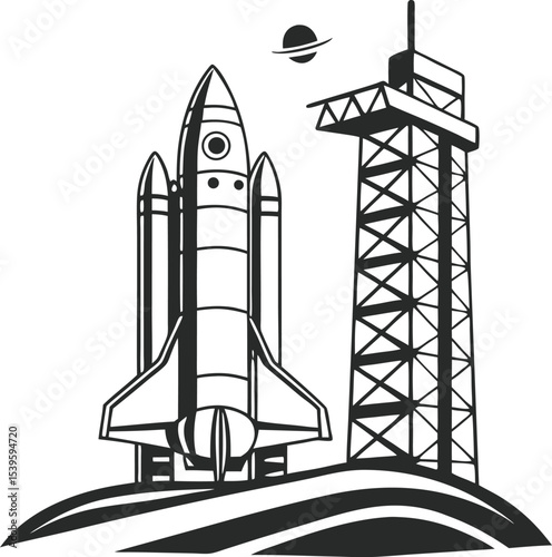 Detailed Black and White Illustration of a Space Shuttle Launch Site with a Tower and Planet in View