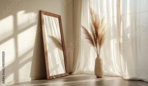 Sunlit room corner with mirror and pampas grass (1)