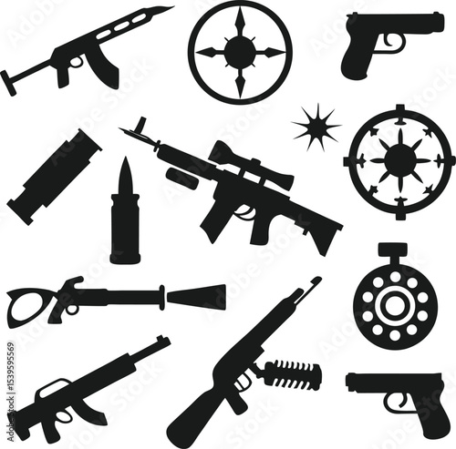 Monochromatic Silhouette Collage of Various Firearms and Target Designs A Stark Visual Depiction of Weaponry and Marksmanship
