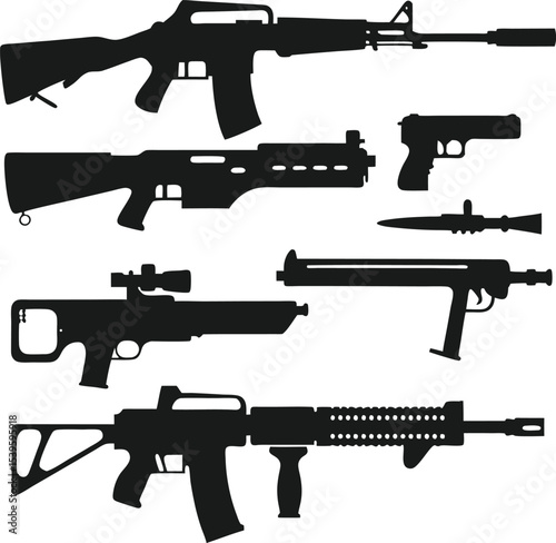 Assortment of Firearms Depicted as Black Silhouettes Against a White Background Emphasizing Different Types and Designs of Guns