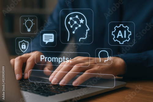 Technology Business & AI Prompts, Person Typing on Laptop with Digital Icons for Artificial Intelligence, Ideas, Security, and Communication