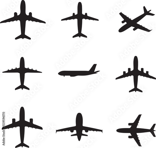 Nine Black Airplane Silhouettes Various Views white background
