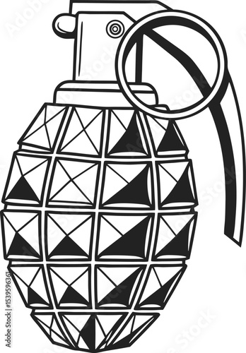 Detailed Hand Grenade Illustration Depicting a Segmented Explosive Device with a Safety Mechanism and Distinct Triangular Patterns