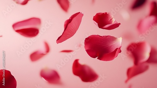 Red rose petals falling gently on a pastel pink background soft, dreamy aesthetic ideal for social media posts.