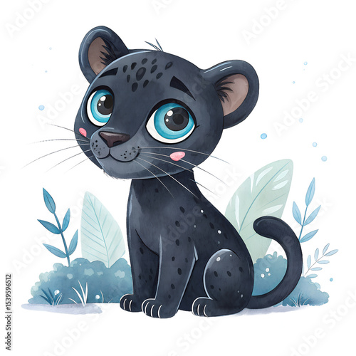 Adorable Baby Black Panther Illustration Cute Cartoon Big-Eyed Kitten in Watercolor Style
