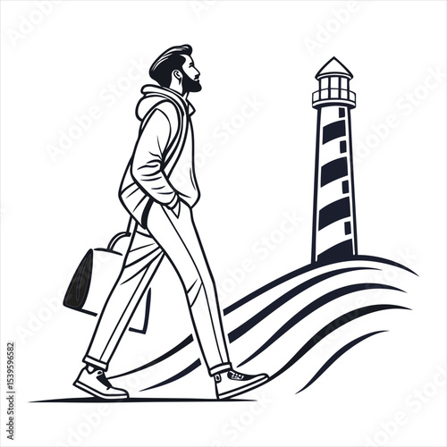A vector silhouette design of people walking towards a lighthouse, white background.
