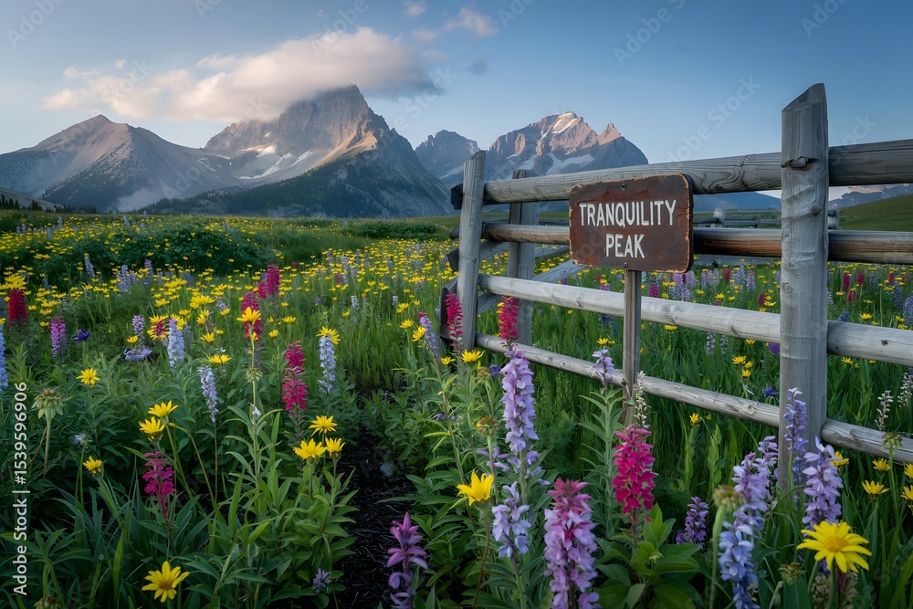 Fototapeta premium Tranquility peak wildflower meadow at sunrise