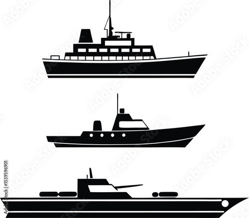 Diverse Naval Vessels A Trio of Boat Silhouettes Showcasing a Ferry Boat, Fishing Vessel and Military Ship