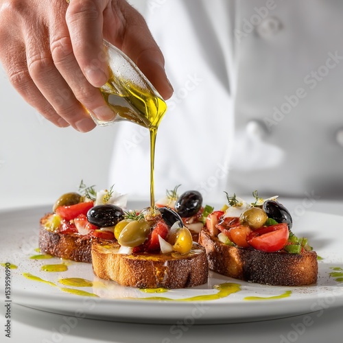 Chef pouring olive oil over bruschetta topped with tomatoes and olives on a white plate