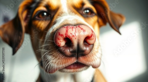 Dog’s Nose Stung by a Bee, Dog Nose Bee Sting , Close-up of a dog with a bee sting showing discomfort in a bright indoor setting 