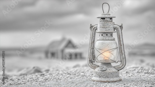 A solitary lantern illuminates a desolate landscape, a small house in the distance, evoking a sense of isolation and hope.