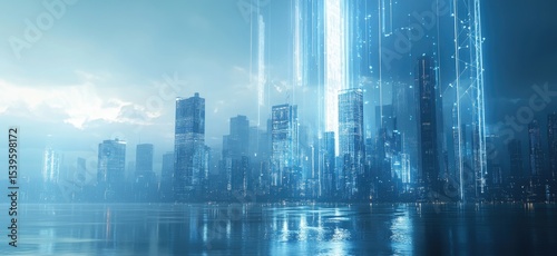 Futuristic city skyline with glowing digital connections over water