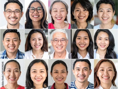 Smiling Asian Faces Collage: A captivating collage of smiling Asian faces, reflecting the diversity and beauty of Asian cultures, embodies happiness, unity, and the warmth of human connection.
