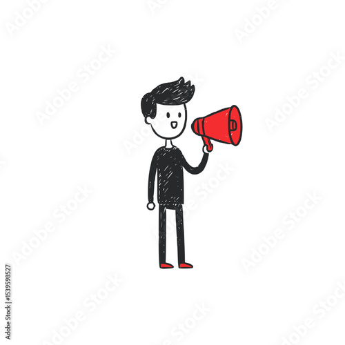 Stick figure running with megaphone sketch, Hand-drawn doodle of a happy stick figure character running while holding a megaphone, symbolizing excitement, urgency, or communication.

