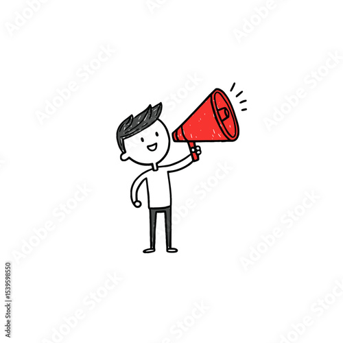 Stick figure running with megaphone sketch, Hand-drawn doodle of a happy stick figure character running while holding a megaphone, symbolizing excitement, urgency, or communication.

