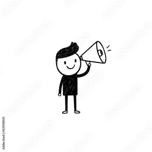 Stick figure running with megaphone sketch, Hand-drawn doodle of a happy stick figure character running while holding a megaphone, symbolizing excitement, urgency, or communication.

