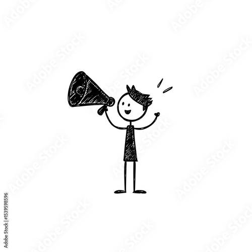 Stick figure running with megaphone sketch, Hand-drawn doodle of a happy stick figure character running while holding a megaphone, symbolizing excitement, urgency, or communication.

