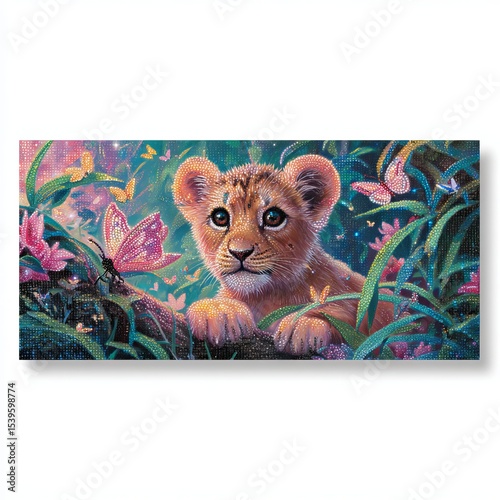 Baby lion playing with butterflies in a magical forest, diamond art style, glittering crystal textures, rich green and pink tones, wide frame  photo