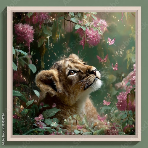 Baby lion playing with butterflies in a magical forest, diamond art style, glittering crystal textures, rich green and pink tones, wide frame  photo