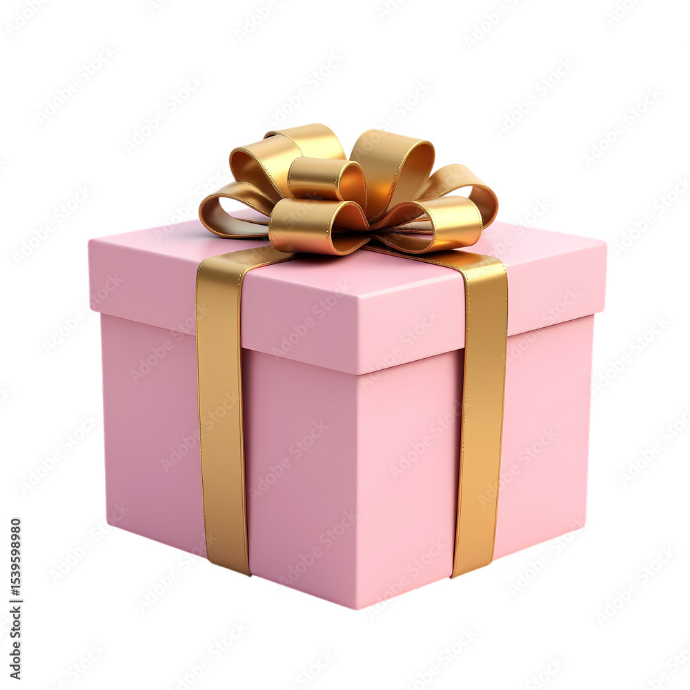 Obraz premium A pink gift box with a gold ribbon and bow isolated on transparent background