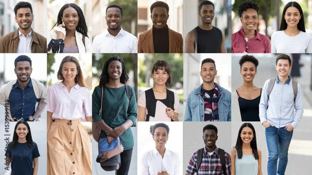 Diverse Faces: A curated collage of vibrant individuals, each portrait capturing a unique essence and showcasing the beauty of human diversity. A mosaic of smiles, expressions and experiences.
