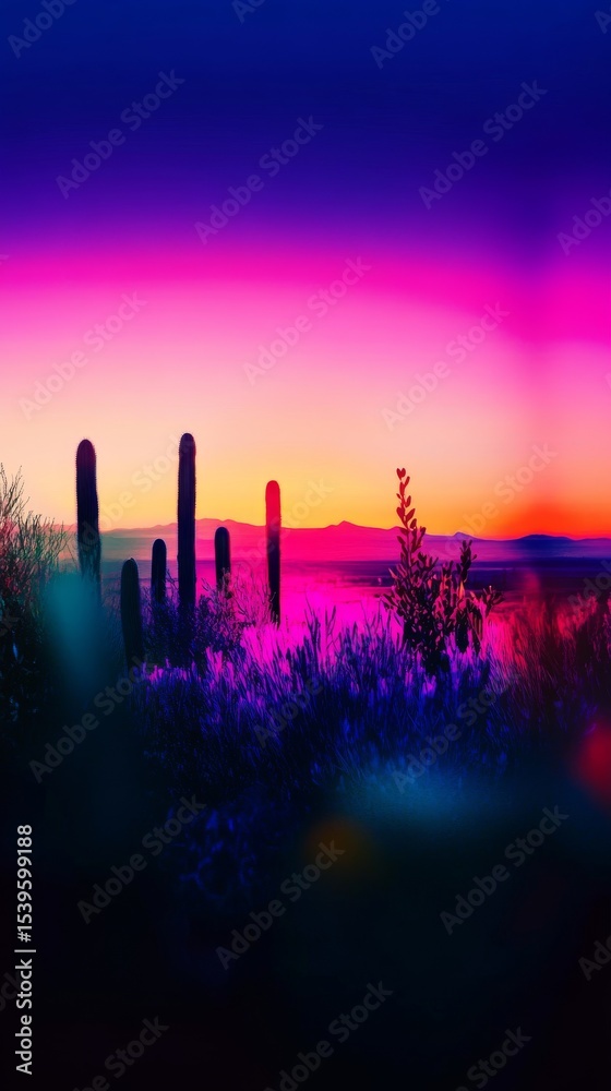 Vibrant desert landscape at dawn. The colors blend beautifully, creating a surreal atmosphere. Cacti stand tall against the colorful sky. Generative AI Vibrant desert landscape at dawn. The colors blend beautifully, creating a surreal atmosphere. Cacti stand tall against the colorful sky. Generative AI