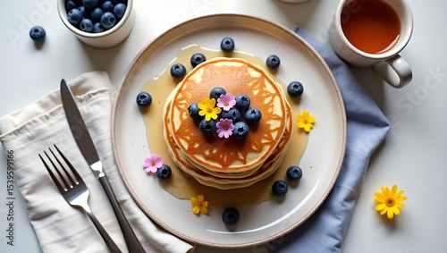 Delicious blueberry pancakes with maple syrup and flowers for breakfast