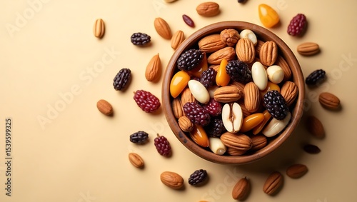 Healthy snack mix assorted nuts and berries in bowl on beige background