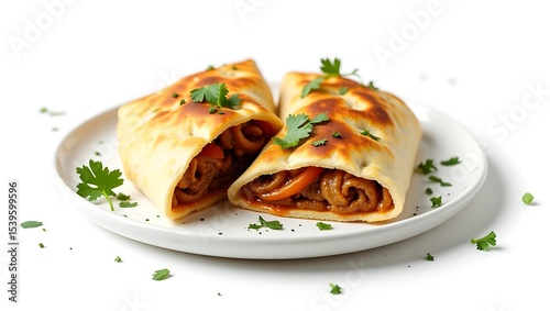 Delicious steak burrito with fresh cilantro on a white plate food shot