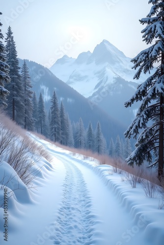 Winter wonderland snowy mountain landscape with evergreen trees path