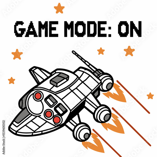  8-bit spaceship with “Game Mode: ON” in blocky font, pixel art vector, white background.