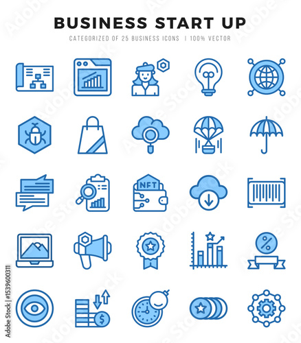 Vector icons set of Business Start Up. Two Color style Icons.