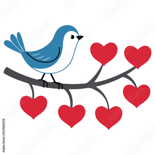 cute bird singing on heart tree branch isolated vector illustration