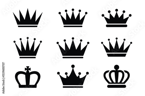 Set of black crown silhouettes on white background vector illustration