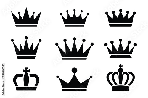 Set of black crown silhouettes on white background vector illustration