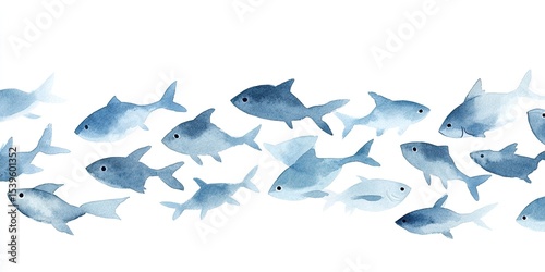 Watercolor illustration of a school of light blue fish (2)