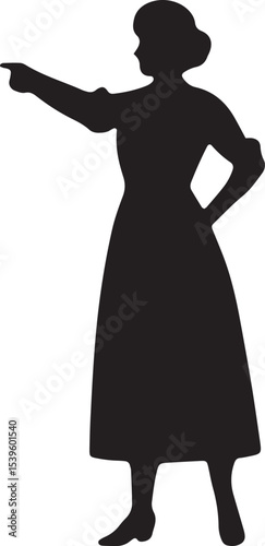 Black silhouette of a woman in a long dress, standing gracefully, perfect for feminine or colonial American history illustrations