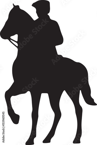Black silhouette of a rider on horseback with a flag, symbolizing leadership, great for war or historical American design projects
